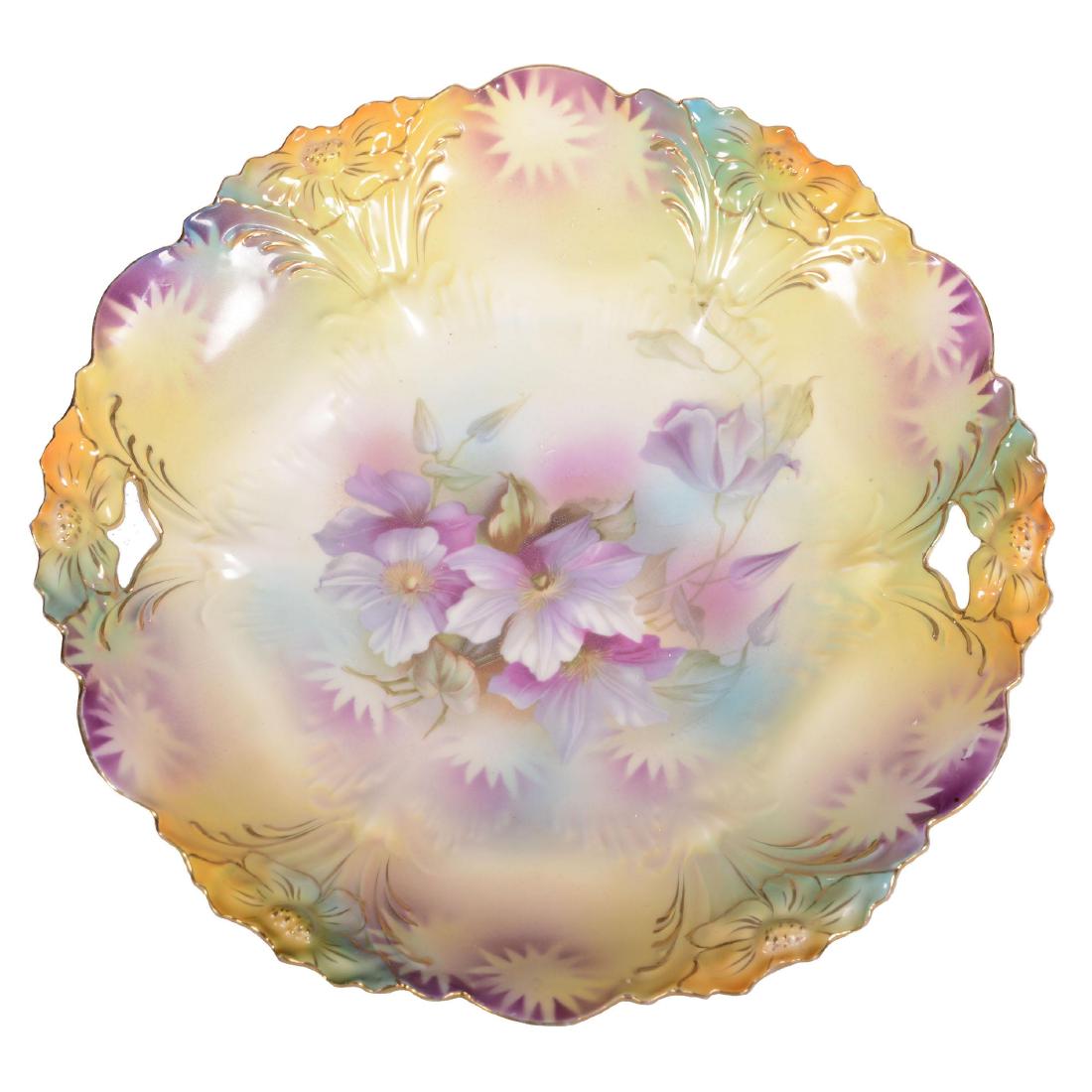 Cake Plate - Unmarked Prussia - 11": Cake Plate - Unmarked Prussia - 11" - Lily Mold - Yellow, Green and Lavender Tones with Violet Decor