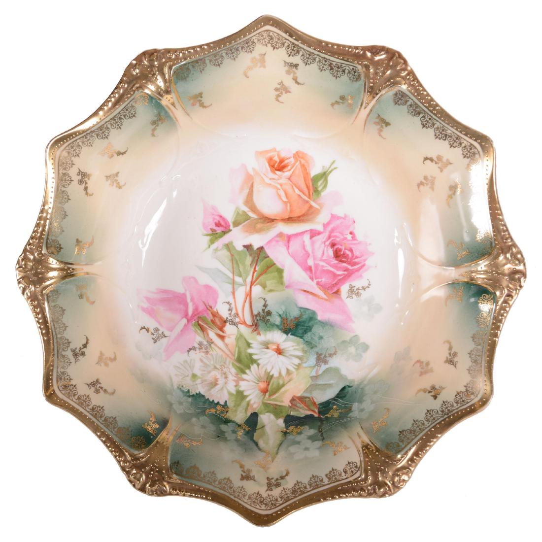 Bowl - Marked R.S. Prussia - 10.75": Bowl - Marked R.S. Prussia - 10.75" - White, Cream and Green Tones with Rose and Daisy Decor - Strong Gold Trim and Stencil Highlights