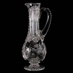 Pedestal Champagne Pitcher - 14": Pedestal Champagne Pitcher - 14" Butterfly and Floral Body with Strawberry Diamond Vesica Leaves - Geometric Cut Neck of Hobstar, Prism and Button Motif - Hobstar Foot - Triple Notched Handle - Nice