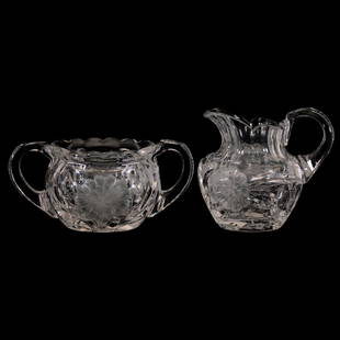 Creamer & Sugar Set - Signed Hawkes Gravic Glass: Creamer & Sugar Set - Signed Hawkes Gravic Glass Quality Engraved Carnation Pattern - Small Size - ABCG