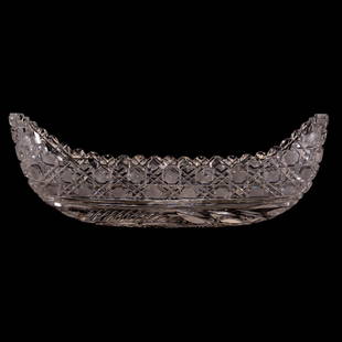 Celery Tray - 3.5" X 10" - Engraved Floral & Harvard: Celery Tray - 3.5" X 10" - Engraved Floral & Harvard Canoe Shaped - ABCG - Some Chipping on Edge of Pattern