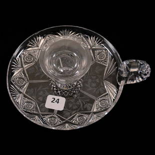 Chamberstick - 2.5" X 6.75" - Signed Sinclaire: Chamberstick - 2.5" X 6.75" - Signed Sinclaire Panels of Engraved Floral with Hobstar and Fan Engraved Border - Triple Notched Handle - 6.75" Across Handle - ABCG