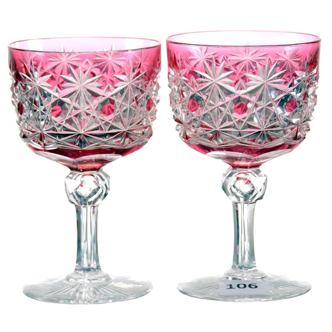(2) Wine Glasses - 4.5" - Cranberry Cut to Clear: (2) Wine Glasses - 4.5" - Cranberry Cut to Clear Russian Pattern - Facet Cut Knob Stem - Ray Cut Foot - (1) Has a Professional Rim Trim - ABCG