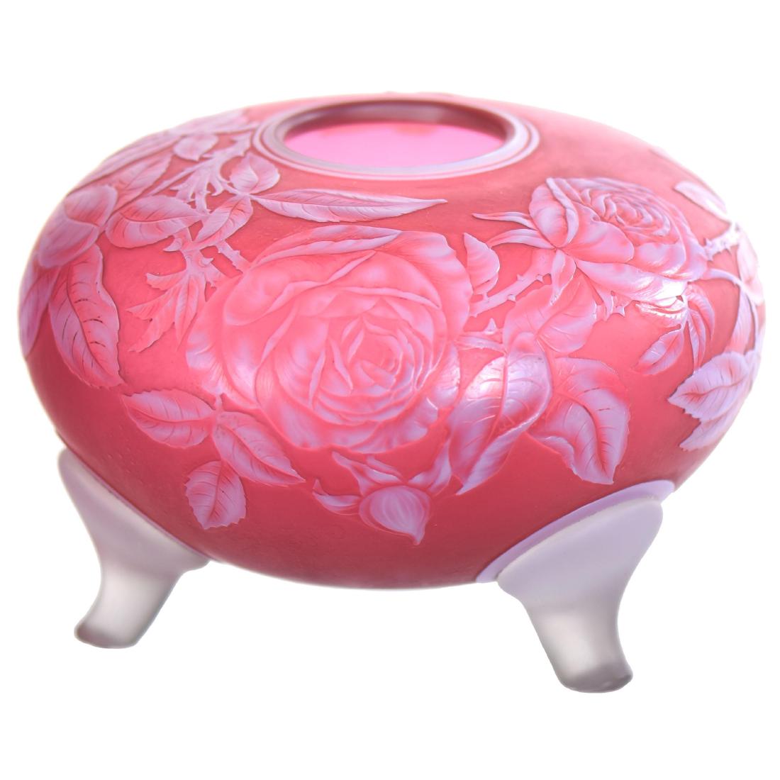 English Cameo Art Glass Vase - 4.5" X 7": English Cameo Art Glass Vase - 4.5" X 7" Signed Thomas Webb and Sons - Cranberry Bowl with White Cameo Carved Overlay of Rose Blossom and Butterfly - Three Applied Frosted Feet