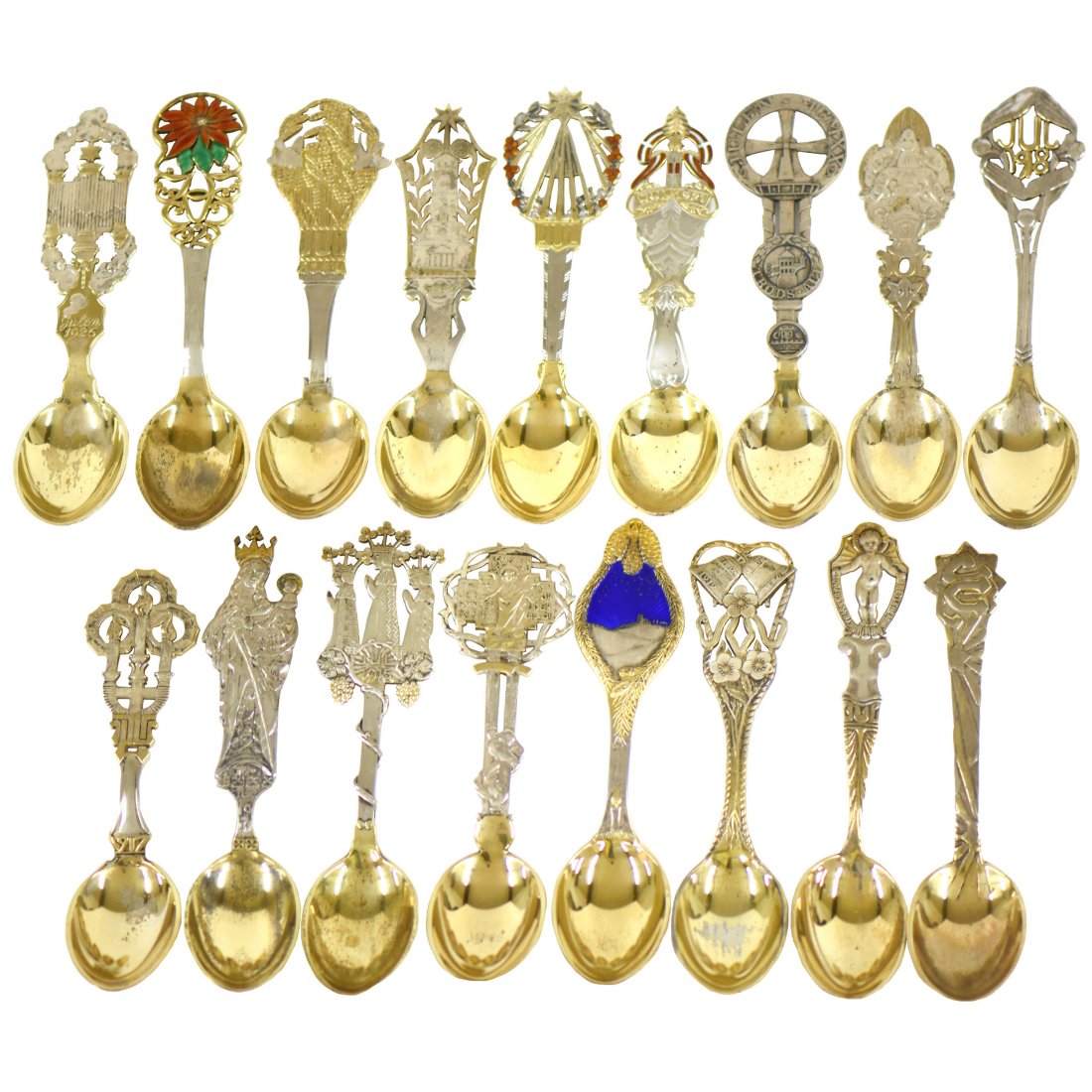 A. Michelsen 1910 -1926 Sterling Christmas Spoons: (17) Sterling Danish Christmas Spoons by Artist Anton Michelsen Dates Include 1910 Thru 1926 - Quality Enamel Highlights on Some Spoons - See Photos for Details - Total Weight 760 Grams - These Are Pa