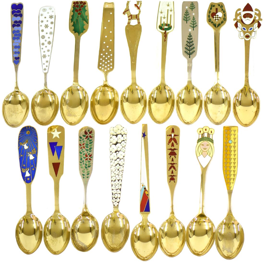 A. Michelsen 1944 -1960 Sterling Christmas Spoons: (17) Sterling Danish Christmas Spoons by Artist Anton Michelsen Dates Include 1944 Thru 1960 - Quality Enamel Highlights on Some Spoons - See Photos for Details - Total Weight 750 Grams - These Are Pa