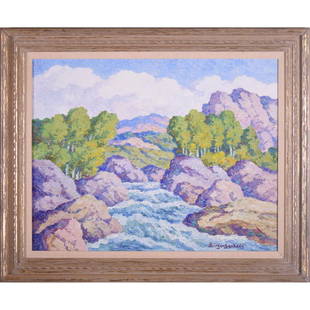 Original Signed Birger Sandzen Oil on Board - 22"X 28": Original Signed Birger Sandzen Oil on Board - 22"X 28" - Titled "in Boulder Canyon Colorado" - Dated "1949" - Overall Size of Frame Is 29" X 35" - This Painting Is from the Collection of the Late Mr.