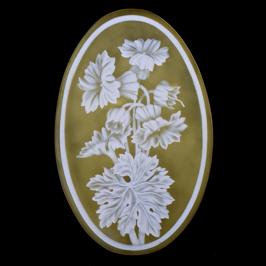 Signed Webb Gem English Cameo Plaque -5.25"X3.5"Oval: Signed Webb Gem English Cameo Plaque -5.25"X3.5"Oval Citrine Background with White Cameo Carved Floral Design - Signed "Thomas Webb and Sons Gem" - Nice Details
