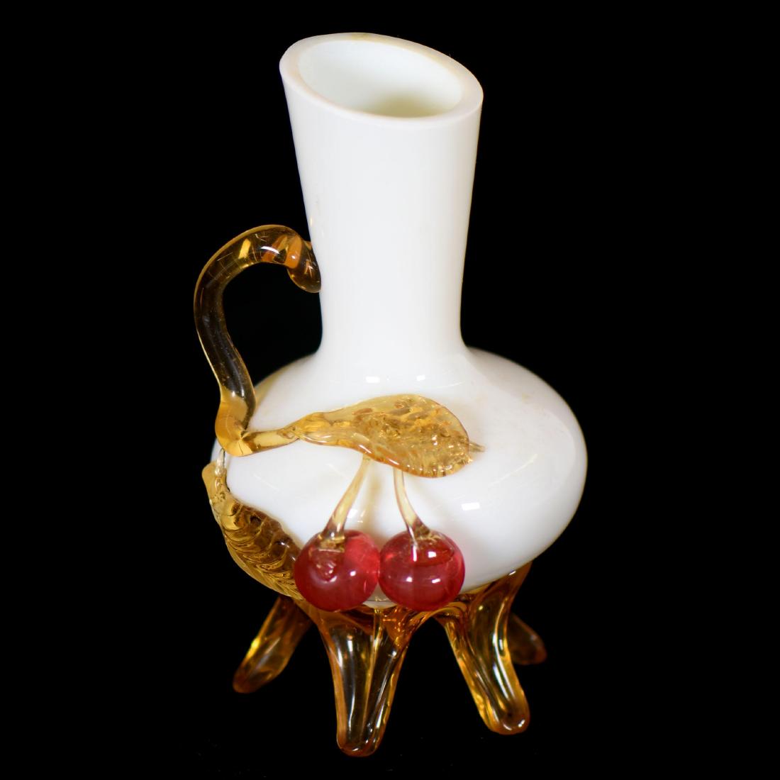 Stevens and Williams Art Glass Vase - 6.5": Stevens and Williams Art Glass Vase - 6.5" White Body with Applied Amber Glass Feet and Handle - Applied Cherry Decor