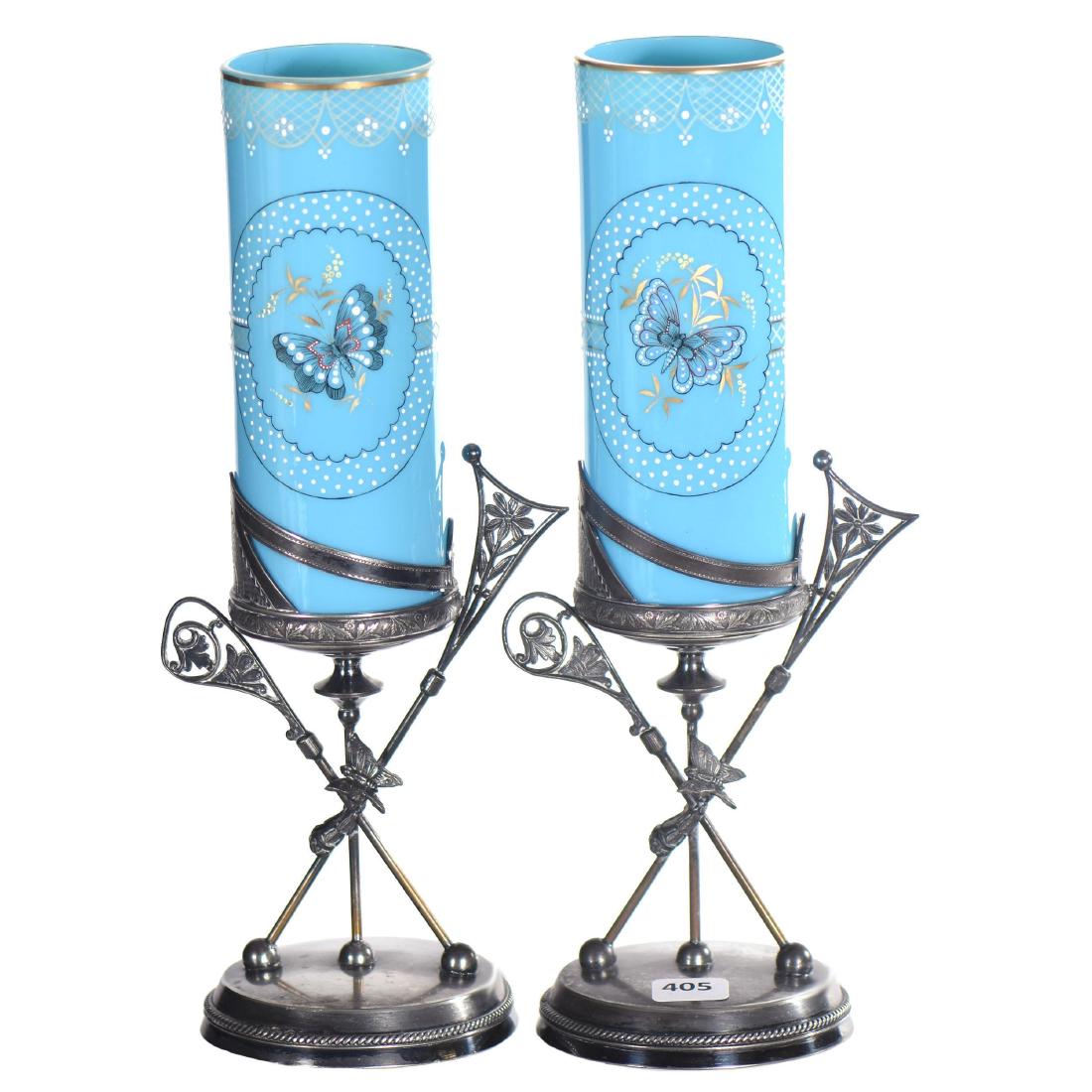 Pair Art Glass Vases on Silver Stands - 11.5" X 3.5" (1 of 3)