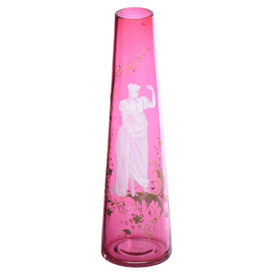 Cranberry Art Glass Vase - 17.75" X 5" At Base: Cranberry Art Glass Vase - 17.75" X 5" At Base - Cranberry with Mary Gregory Scene of Woman - Gold Enamel Highlights - Conical Vase