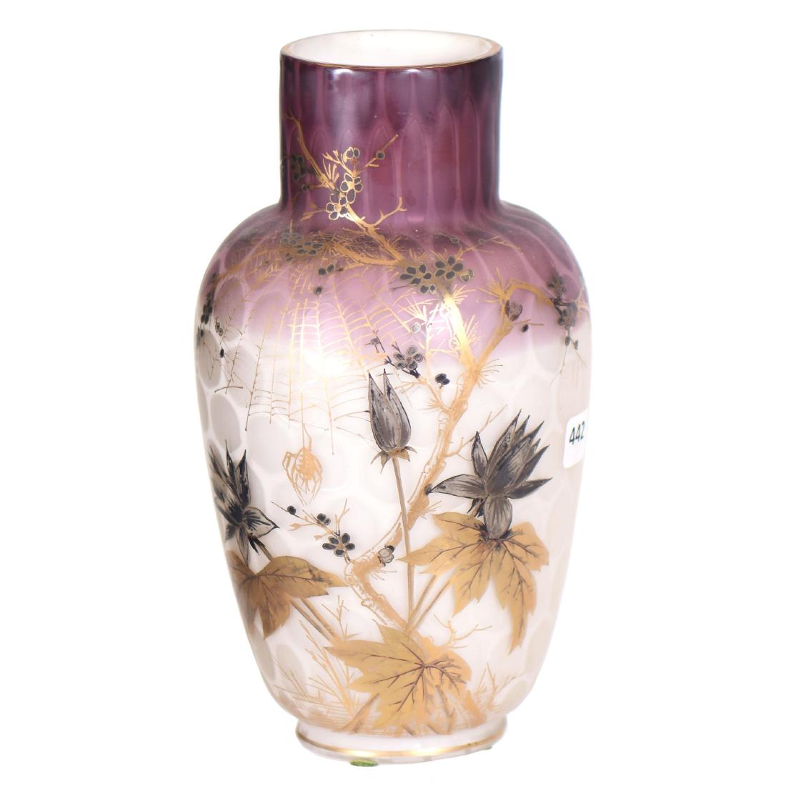 Harrach Art Glass Vase - 9.5" X 5": Art Glass Vase - 9.5" X 5" Lavender and White Raindrop Satin Marked "Harrach" - Nice Enameled Branch, Blossom, and Spider Web Decor - UPDATE 11/1 - Surface Chip, and a Factory Mold Line That You Can S