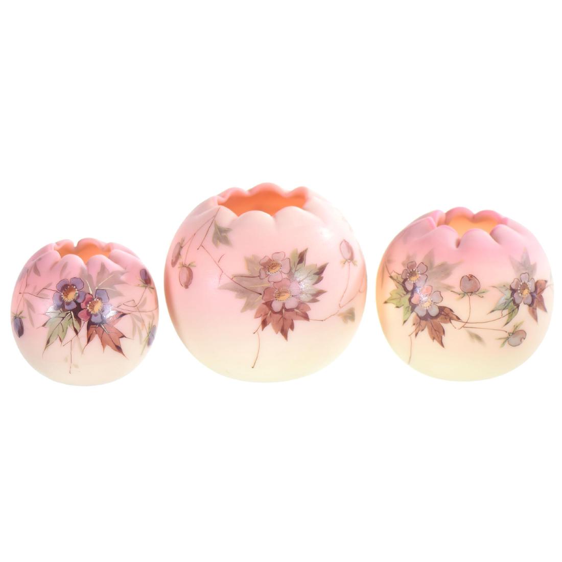 (3) Decorated Burmese Art Glass Rosebowls (1 of 3)