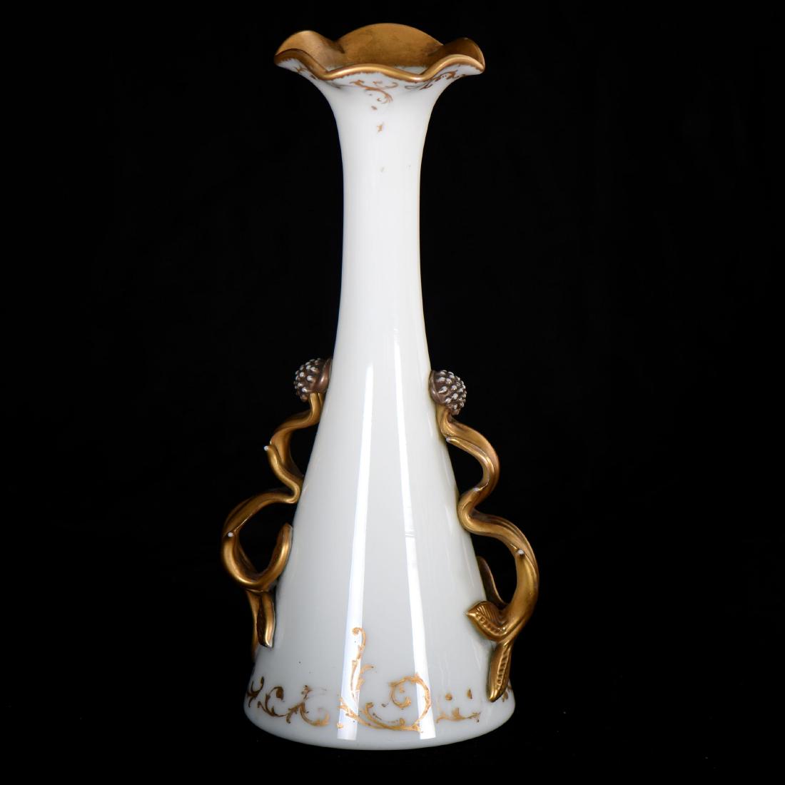 Art Glass Vase - 11.75" X 4.75": Art Glass Vase - 11.75" X 4.75" Marked Crown Milano Colonial Ware - White Body with Elaborate Gilt Handles and Ruffled Rim