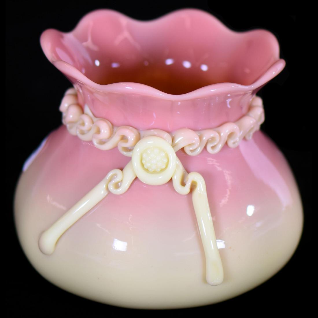 Burmese Art Glass Bowl - 4.25" X 5": Burmese Art Glass Bowl - 4.25" X 5" Webb Glossy Burmese - Bag Shape with Applied Rigoree and Bow Tie