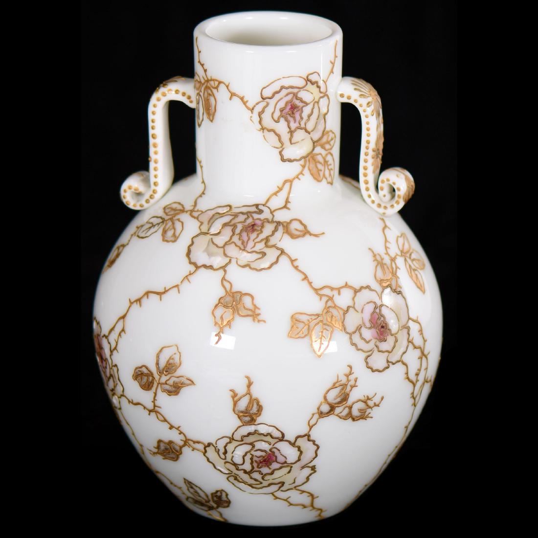 Art Glass Vase - Marked Crown Milano - 8" X 5.5": Art Glass Vase - Marked Crown Milano - 8" X 5.5" Colonial Ware - White with Nice Enamel Rose Blossom and Thorn Branch Decor