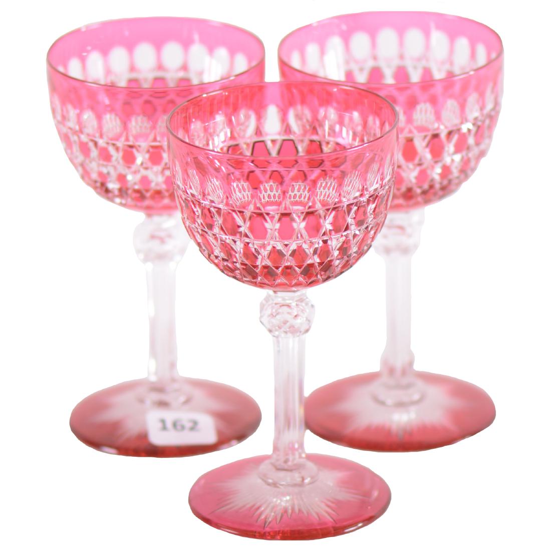 (3) Wine Glasses - ABCG - 5.25": (3) Wine Glasses - ABCG - 5.25" - Cranberry Cut to Clear - Nailhead Diamond and Punte Motif - Colored Ray Cut Foot