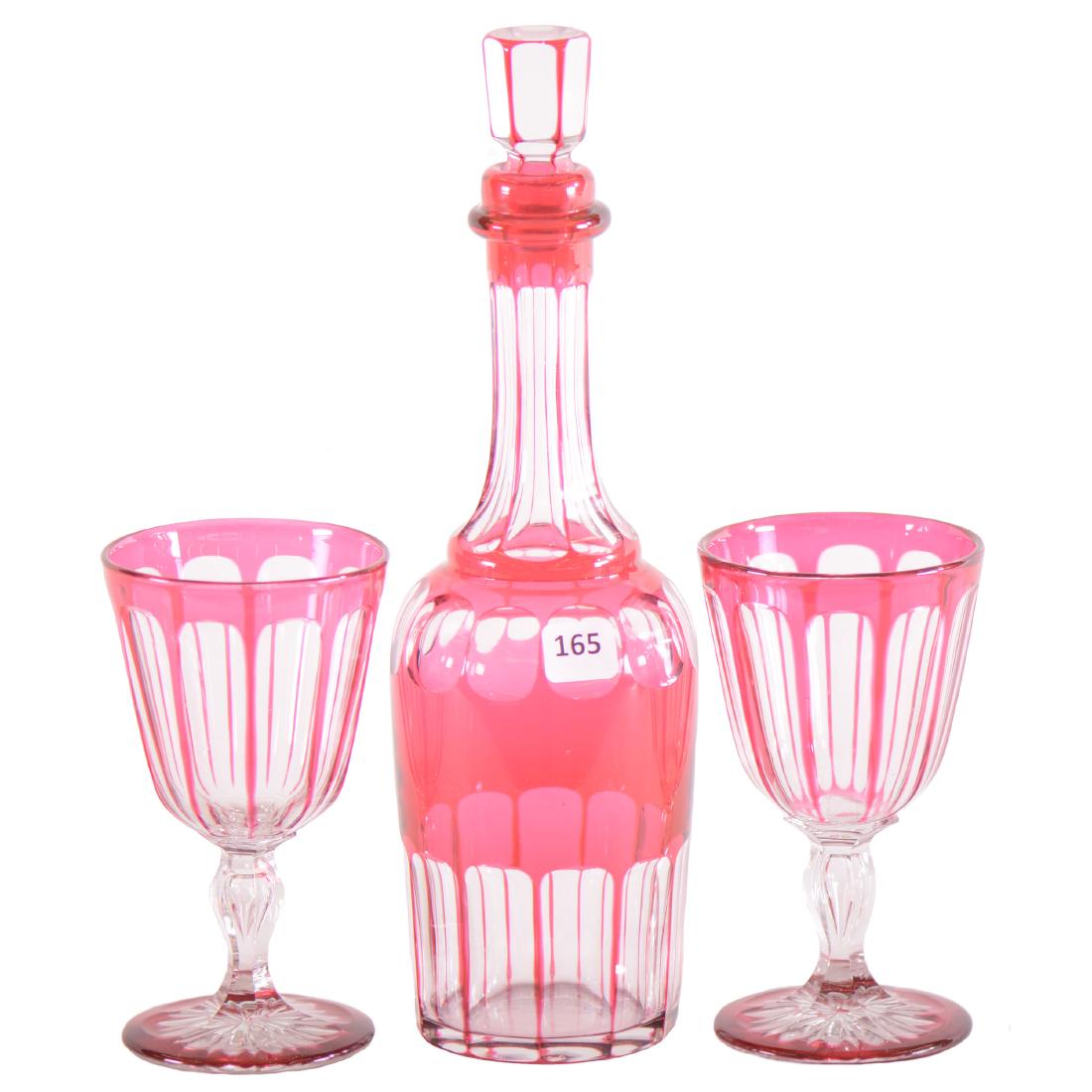 Whiskey Decanter & (2) Glasses - ABCG - 12.25": Whiskey Decanter & (2) Glasses - ABCG - 12.25" Decanter Cranberry Cut to Clear - Punte and Panel Motif with Matching Stopper - (2) Matching 6" Water Goblets with Teardrop Stems and Colored Ray Cut