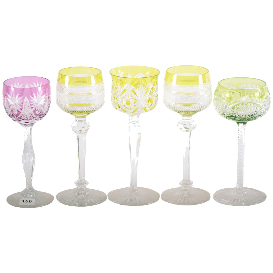 (5) Brilliant Period Wine Glasses - Sizes From 7.75" to: (5) Brilliant Period Wine Glasses - Sizes From 7.75" to 7.25" (3) Yellow Cut to Clear - (1) Green Cut to Clear - (1) Amethyst Cut to Clear