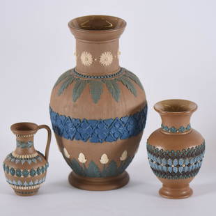 (3) Vases - Doulton Lambeth Silicon: (3) Vases - Doulton Lambeth Silicon - (1) 8" Vase - (1) 4.5" Vase - (1) 3.5" Handled Ewer - to Ensure Every Item Sells, We Have Placed Low Starting Bids on Every Item, and All Items Will Sell