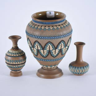 (3) Vases - Doulton Lambeth Silicon: (3) Vases - Doulton Lambeth Silicon - (1) 6.75" - (1) 4.5" - (1) 3.75" - See Photos - to Ensure Every Item Sells, We Have Placed Low Starting Bids on Every Item, and All Items Will Sell Without