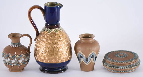 (4) Royal Doulton Items: (4) Royal Doulton Items Including -(1) 6" Handled Ewer with Cobalt Blue and Gold Swirl Border, Small Chip - (3) Lambeth Silicon Items Including (1) 3.25" Vase - (1) 3.25" Handled Ewer - (1) 3.5"