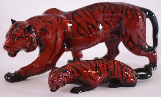 (2) Tiger Figures - Royal Doulton Flambe: (2) Tiger Figures - Royal Doulton Flambe -(1) 6" X 13.25" - (1) 2.25" X 9.5" - to Ensure Every Item Sells, We Have Placed Low Starting Bids on Every Item, and All Items Will Sell Without Reserve.