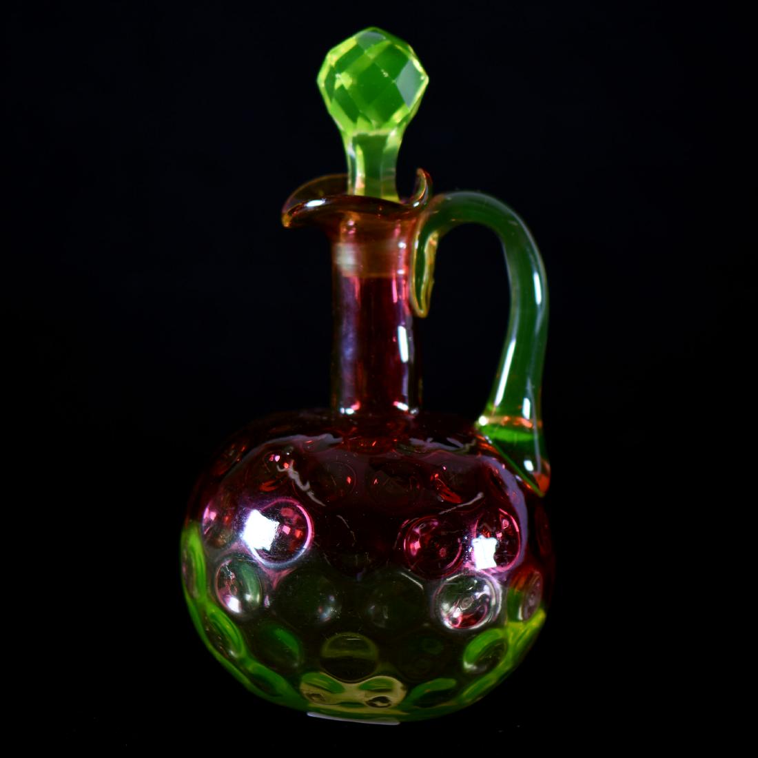 Cruet Bottle - Rubina Verde Art Glass - 6.5": Cruet Bottle - Rubina Verde Art Glass - 6.5" - Coinspot - Vaseline Handle and Stopper - to Ensure Every Item Sells, We Have Placed Low Starting Bids on Every Item, and All Items Will Sell Without Rese
