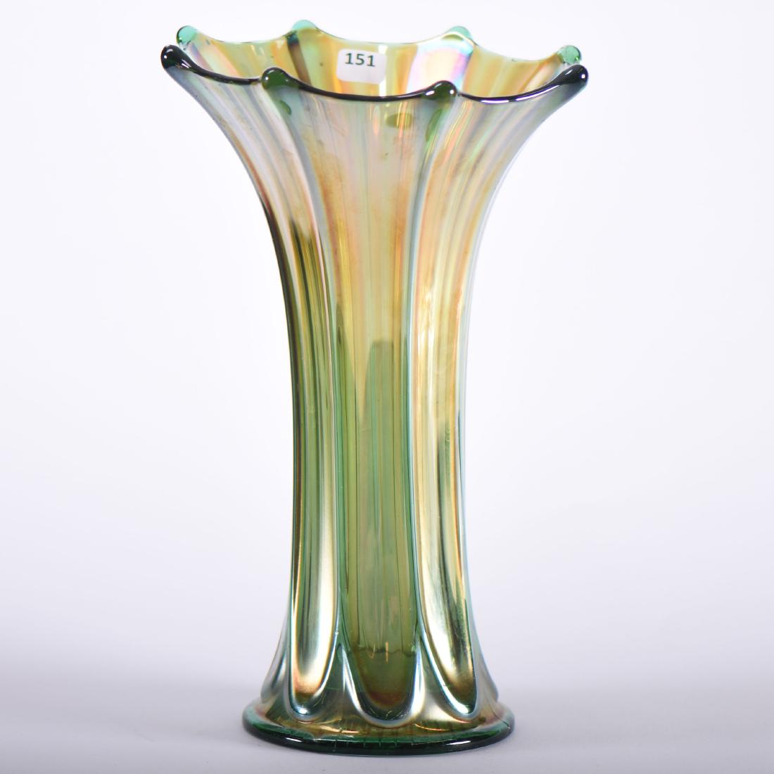 Vase - Carnival Glass - 12" X 5" Base Diameter: Vase - Carnival Glass - 12" X 5" Base Diameter - Wide Rib Pattern - Green - Open Bubble on Base Rim - UPDATE 12/18 - Open Bubble on Knob on Top Rim as Well