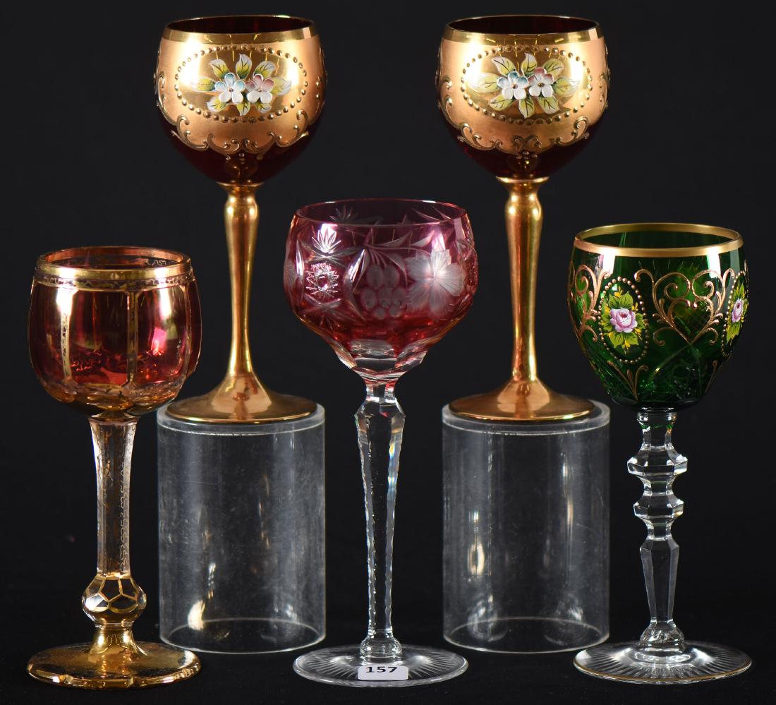 (5) Colored Rhine Wine Glasses: (5) Colored Rhine Wine Glasses Including -(1) 8.25" Cranberry to Clear, Hobstar and Vintage Motif - (1) 7.75" Green to Clear, Cane with Enamel Floral Highlights - (1) 7.5" Moser Cranberry to Clear - (