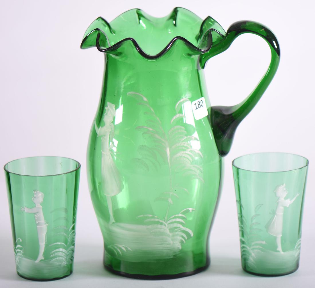 Mary Gregory Art Glass Water Pitcher - 9.25": Mary Gregory Art Glass Water Pitcher - 9.25" - Emerald Green with Classic Scene - (2) Matching 4.25" Tumblers - to Ensure Every Item Sells, We Have Placed Low Starting Bids on Every Item, and All Item
