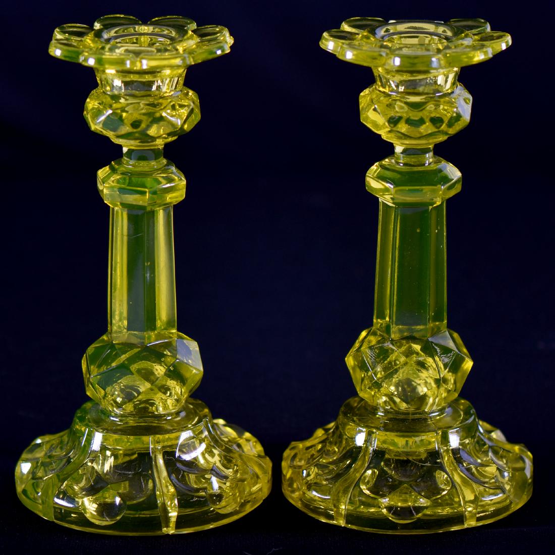 Pair Flint Glass Candle Holders - Vaseline - 8.5" (1 of 4)