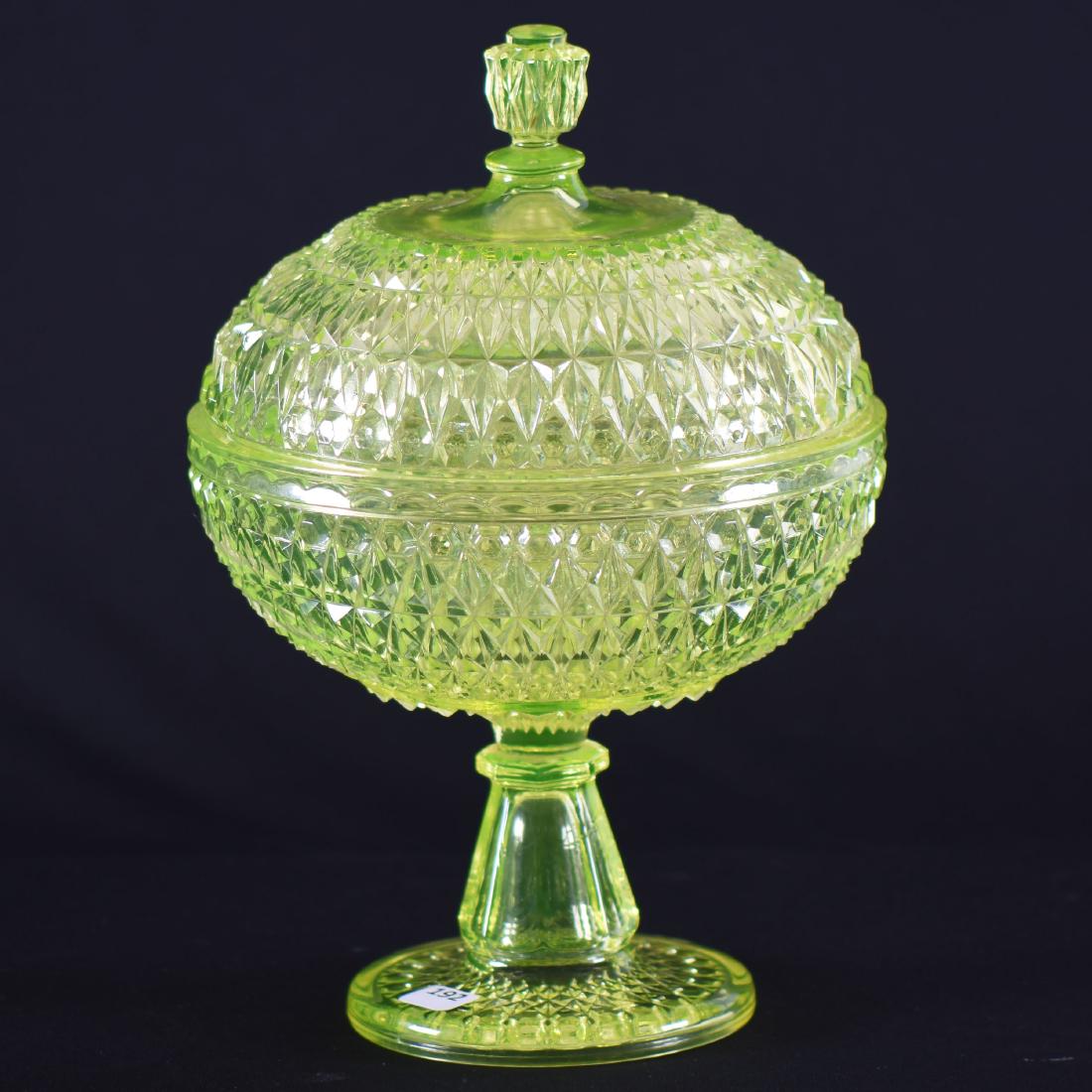 Covered Compote - Vaseline Art Glass - 11.75" X 8" (1 of 2)