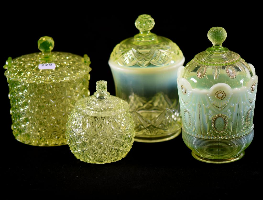 (4) Covered Jars - Vaseline Art Glass (1 of 3)