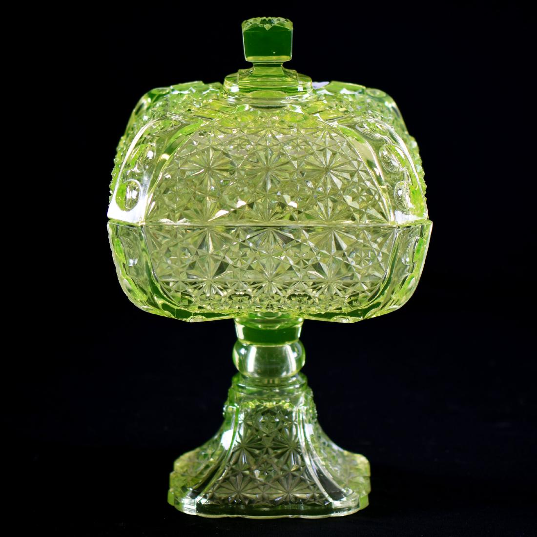 Pedestal Covered Compote - Vaseline - 12" X 7.75" (1 of 2)