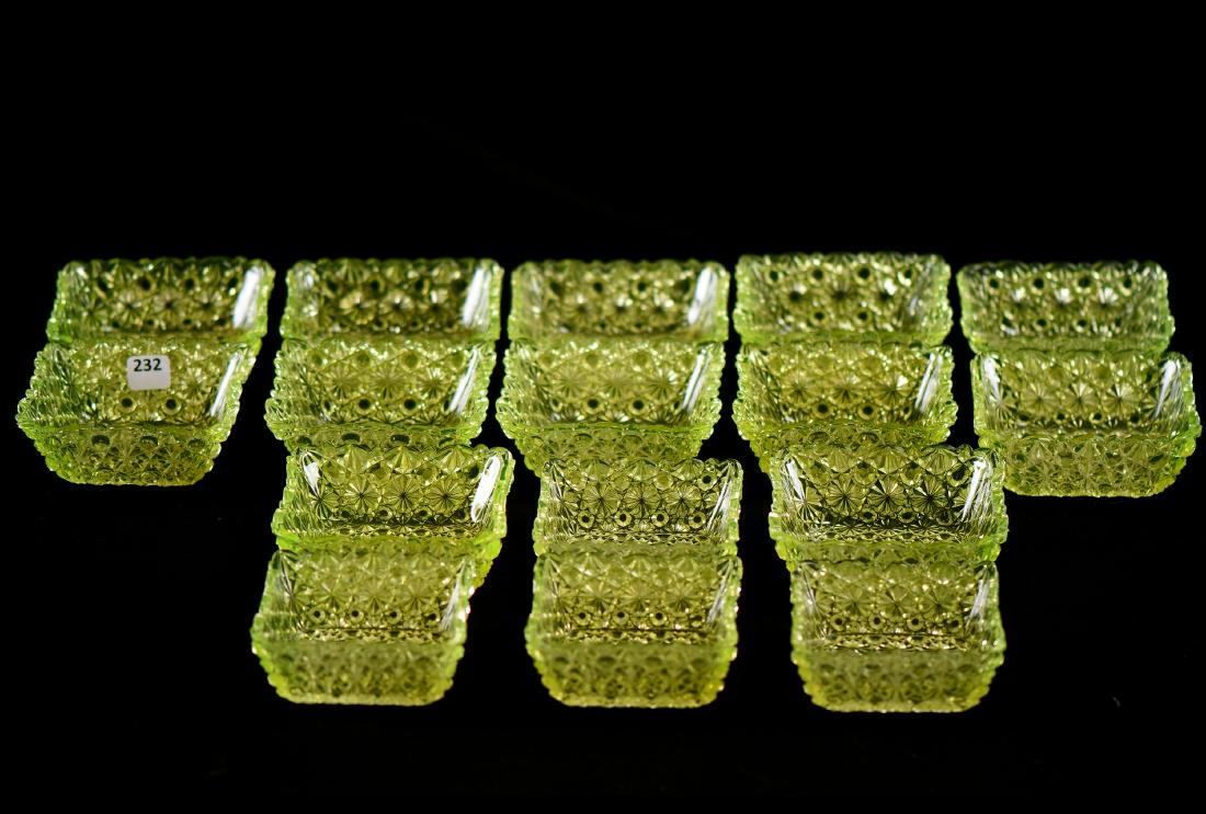 (16) Square Berry Dishes - Vaseline Art Glass (1 of 2)