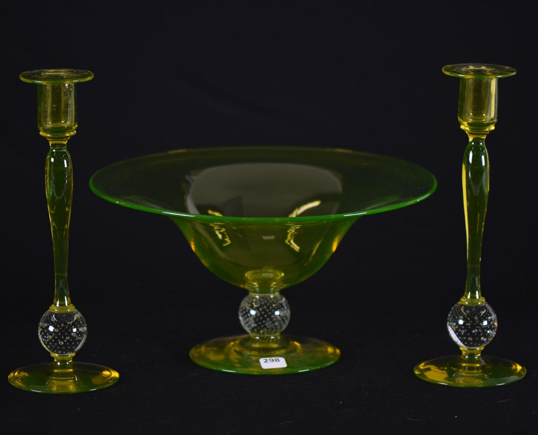 Pairpoint Vaseline Glass Console Set- 6.25"X12" Bowl (1 of 2)