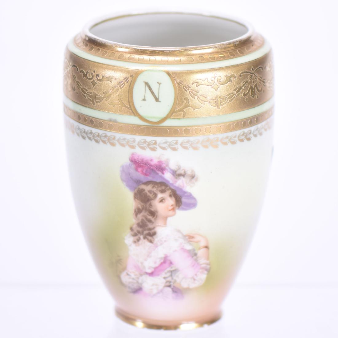 Vase - Royal Bayreuth, Blue Mark - 5.5": Vase - Royal Bayreuth, Blue Mark - 5.5" - Pale Green Background - Gibson Girl Portrait - Brocaded Gold Border with Monogram "N" - Light Surface Nick on Base - to Ensure Every Item Sells, We Have Place