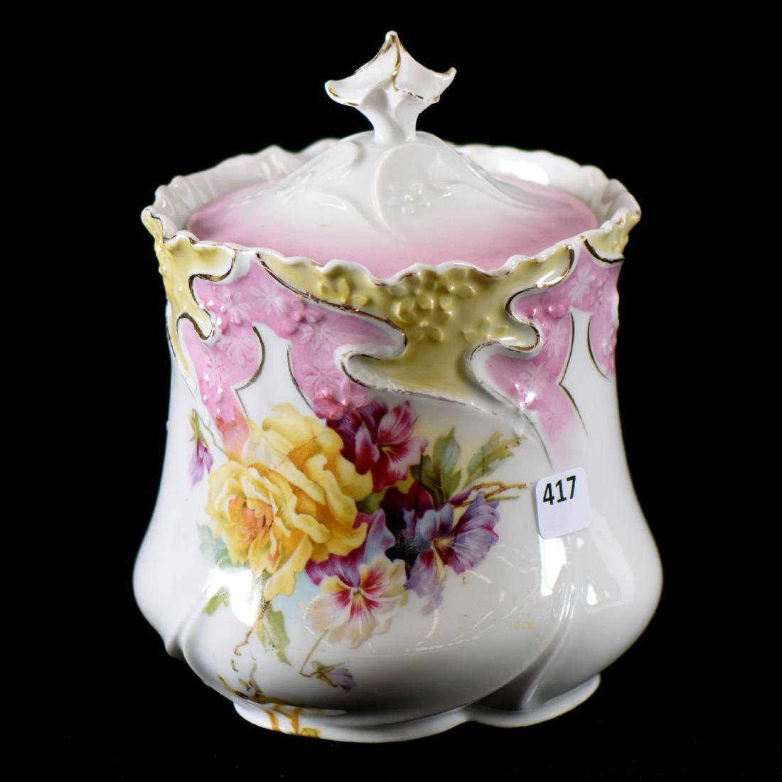 Biscuit Jar - Unmarked Prussia - 7.75": Biscuit Jar - Unmarked Prussia - 7.75" - White, Yellow and Pink Tones with Floral Decor - Nice Mold - to Ensure Every Item Sells, We Have Placed Low Starting Bids on Every Item, and All Items Will Sel