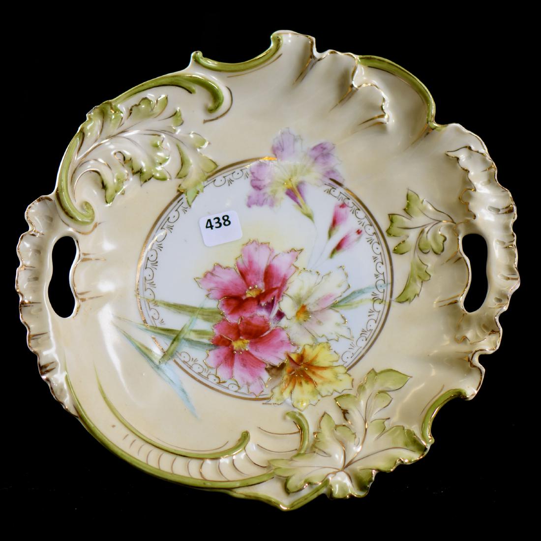 Cake Plate - Unmarked Early Prussia - 11": Cake Plate - Unmarked Early Prussia - 11" -White Center with Stylized Floral Decor - Cream and Green Border with Leaf Mold - to Ensure Every Item Sells, We Have Placed Low Starting Bids on Every Item,