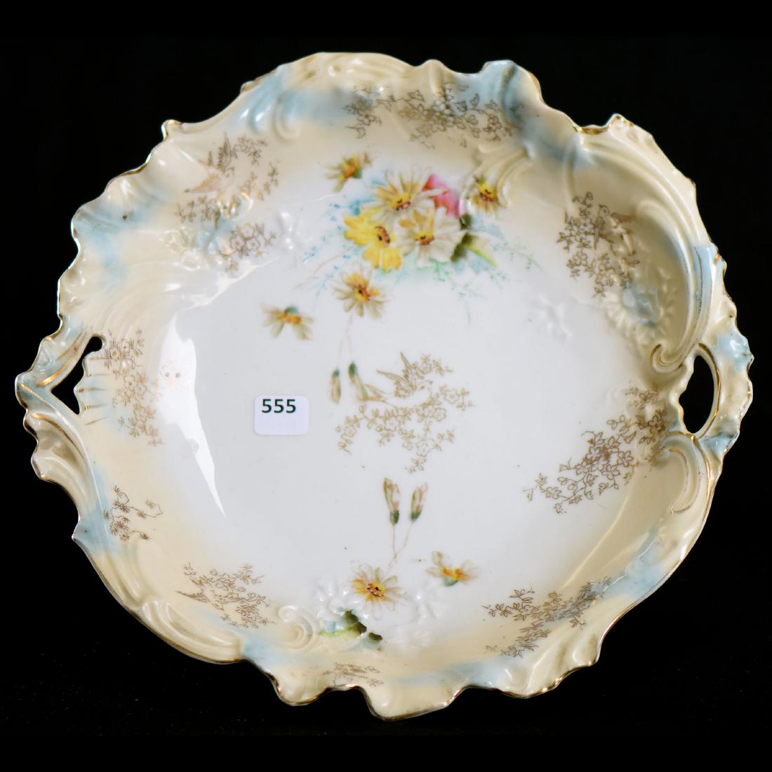 Cake Plate - Unmarked Prussia - 12": Cake Plate - Unmarked Prussia - 12" -Floral Mold - White, Cream and Blue Tones - Daisy Decor - Gold Stencil Highlights - to Ensure Every Item Sells, We Have Placed Low Starting Bids on Every Item, and