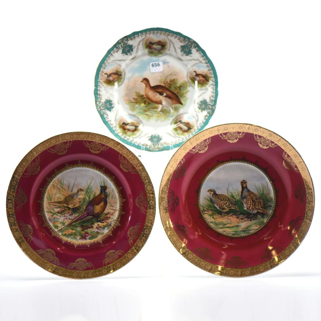 (3) Game Plates: (3) Game Plates -Pair 10.25" Marked Bavaria, Red Border with Heavy Gold - (1) 8.75" Marked C.T. Germany, White, and Green with Game Bird Medallions - to Ensure Every Item Sells, We Have Placed Low Sta