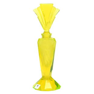 Perfume Bottle - Vaseline Art Glass 11.25": Perfume Bottle - Vaseline Art Glass - 11.25" - Art Deco Style - Petticoat Base with Three Embossed Panels with Nudes - Fan Shaped Stopper - Fake R. Lalique Mark