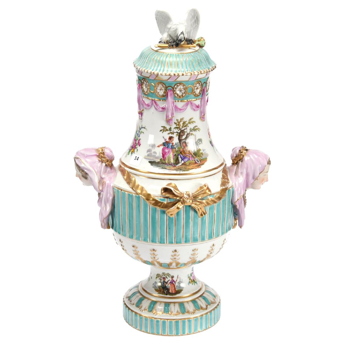 Large Covered Urn - 20th Century 20.5"X 12.5": Large Covered Urn - 20th Century - 20.5"X 12.5" - Full Female Bust Figural Handles - White Body with Turquoise Highlights - Colorful Courting Scene Images - Eagle Finial - Marked "AR"