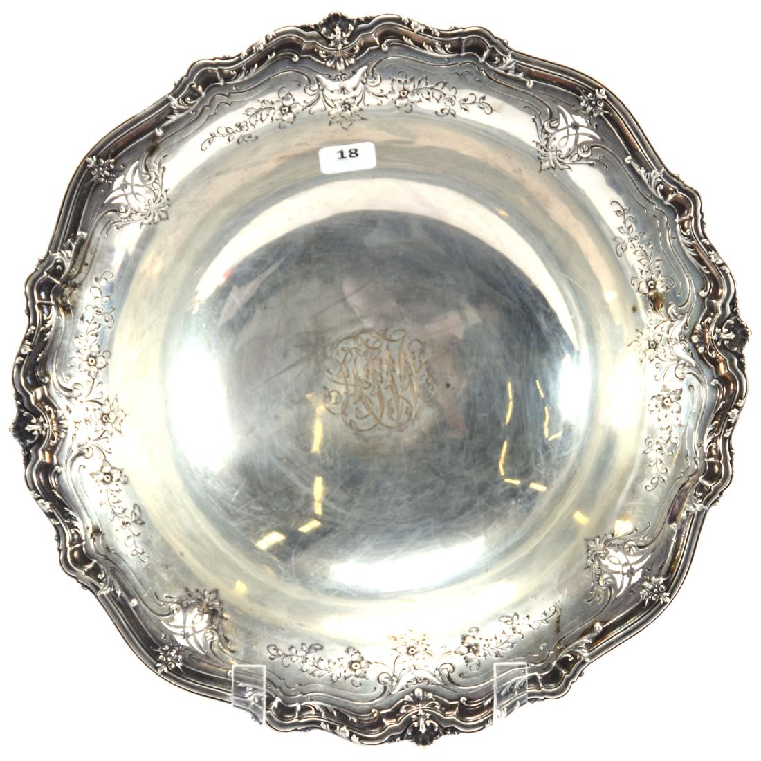 Bowl - Sterling Silver 3.25" X 11.25": Bowl - Sterling Silver - 3.25" X 11.25" - Floral Design Border with Small Reticulated Highlights - Monogram Center - Chas. W. Warren & Company, Model #56-773-11 1/2" - Silver by Redlich - 610 Gram