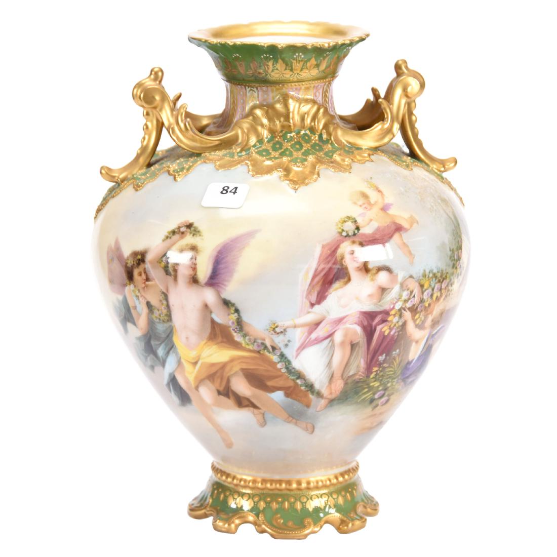 Two Handled Urn - Sevres/Beehive 10" X 7.5": Fabulous Handpainted Classic Scene of Woman and Cherubs - Reverse Side Features Scene of Nymph Peering in Pool - Extensive Gold Highlights - Green Border - Signed Wagner - Lid is Missing - Beautiful P