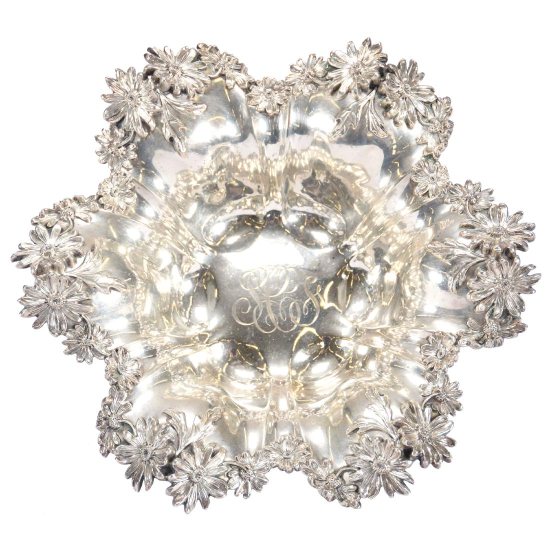 Sterling Silver Bowl 2.75" X 10.5": Sterling Silver Bowl - 2.75" X 10.5" - Marked "Hyman, Berg and Company Chicago" Model #482 - Elaborate Embossed Daisy Border - Monogram in Center of Bowl - 394 Grams Total Weight