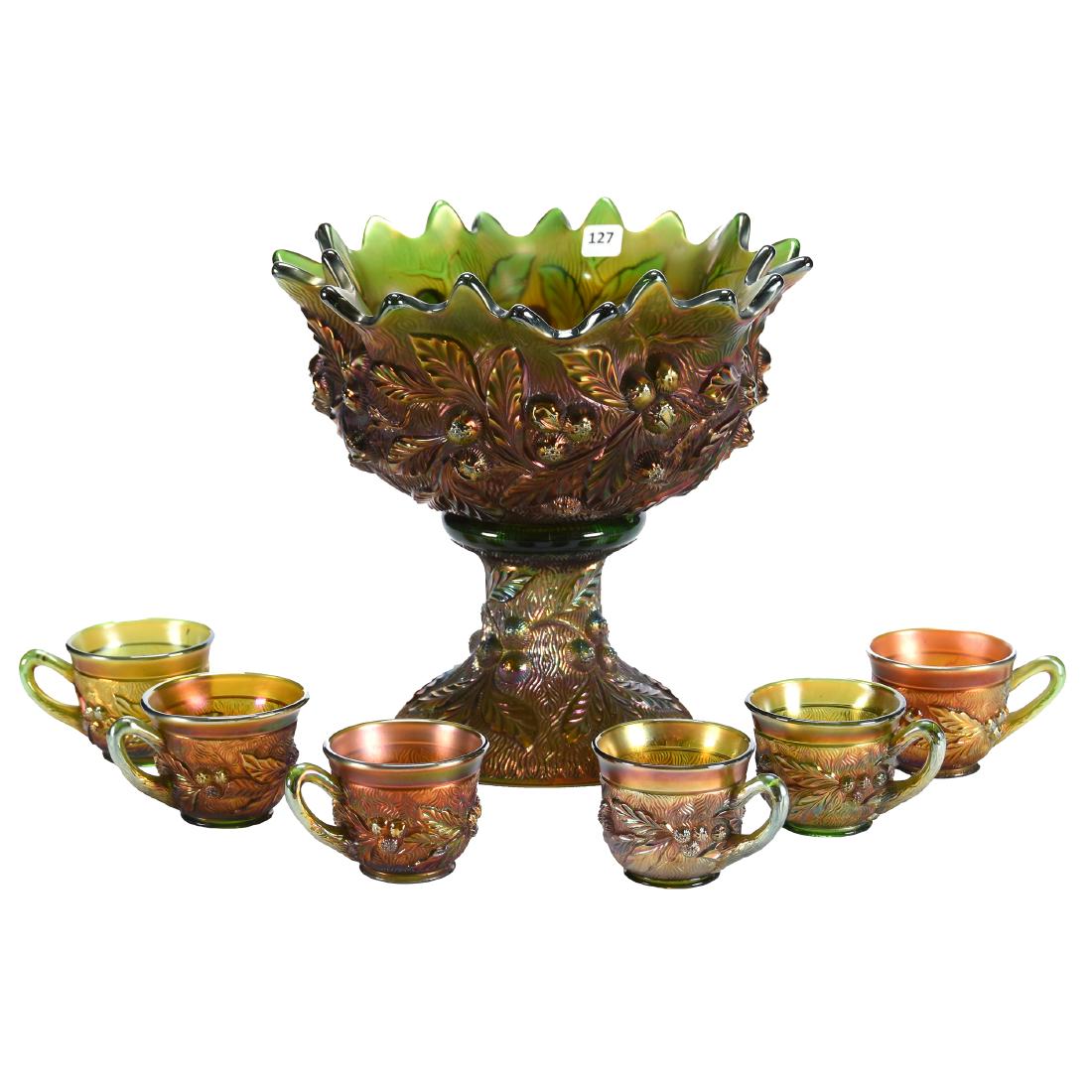 Punch Bowl Set Green Carnival Glass 10.75" X 11"