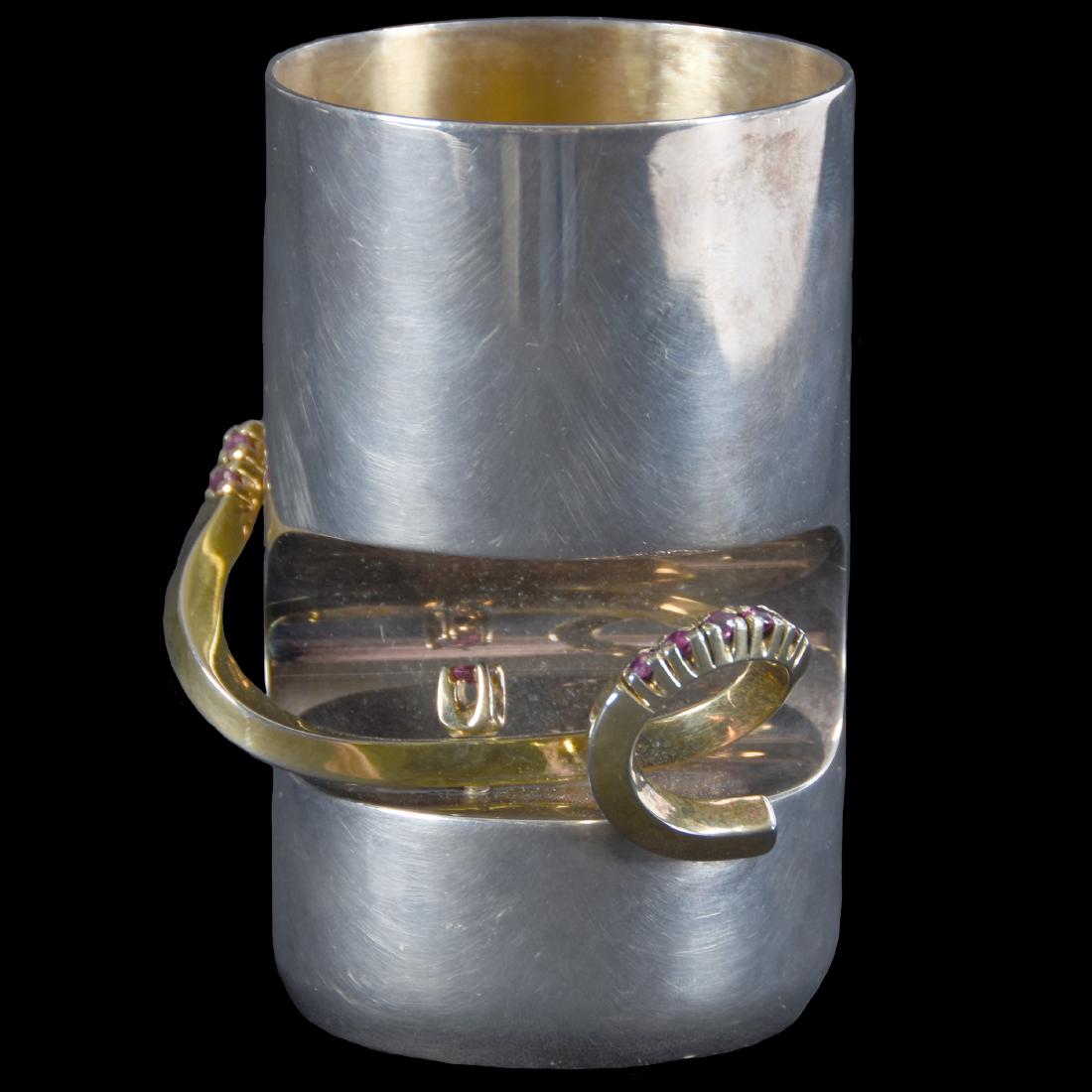 Modernistic Sterling Kiddush Cup 4" Ht.: Modernistic Sterling Kiddush Cup - 4" Ht. - Marked with Hebrew Lettering - 925 Sterling - Cylinder Shape with Modern Design of Garnet Wrapped Band - At Time of Listing, Unable to Identify Maker - 300 