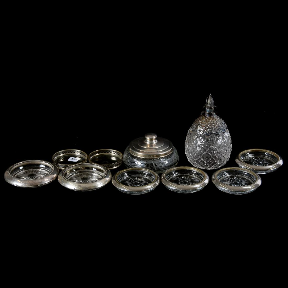 (10) Glass and Sterling Silver Items: (10) Glass and Sterling Silver Items Including - (1) 6.5" Figural Pineapple Jar with Sterling Lid Marked Theodore B. Starr - (1) 2.75" X 4.75" Powder Jar with Sterling Lid - (2) 4.25" Coasters with St